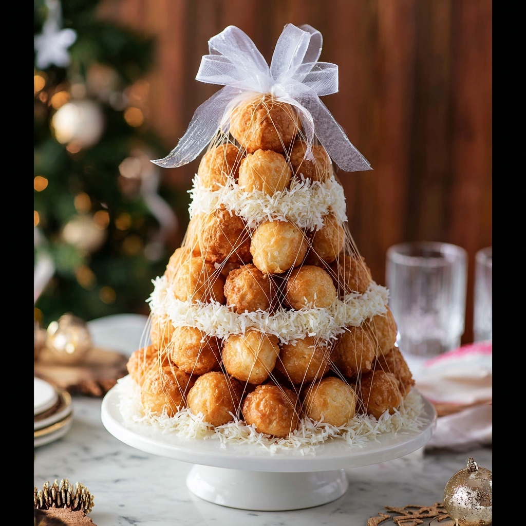 Croquembouche: Elegant Caramel and Coconut Puff Tower Recipe - Recipe Image