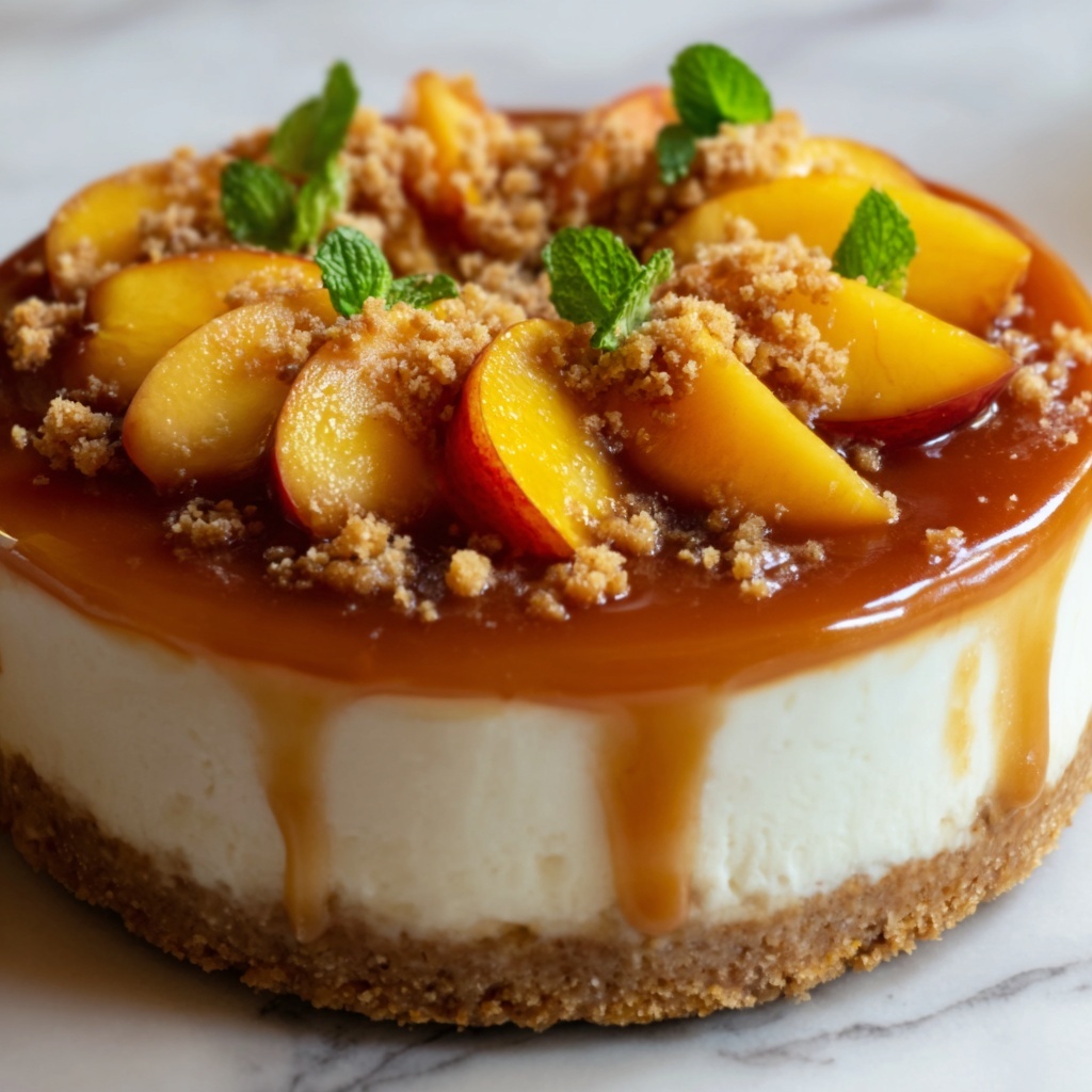 Vanilla Bean Cheesecake with Peach Cobbler & Salted Caramel Recipe - Recipe Image