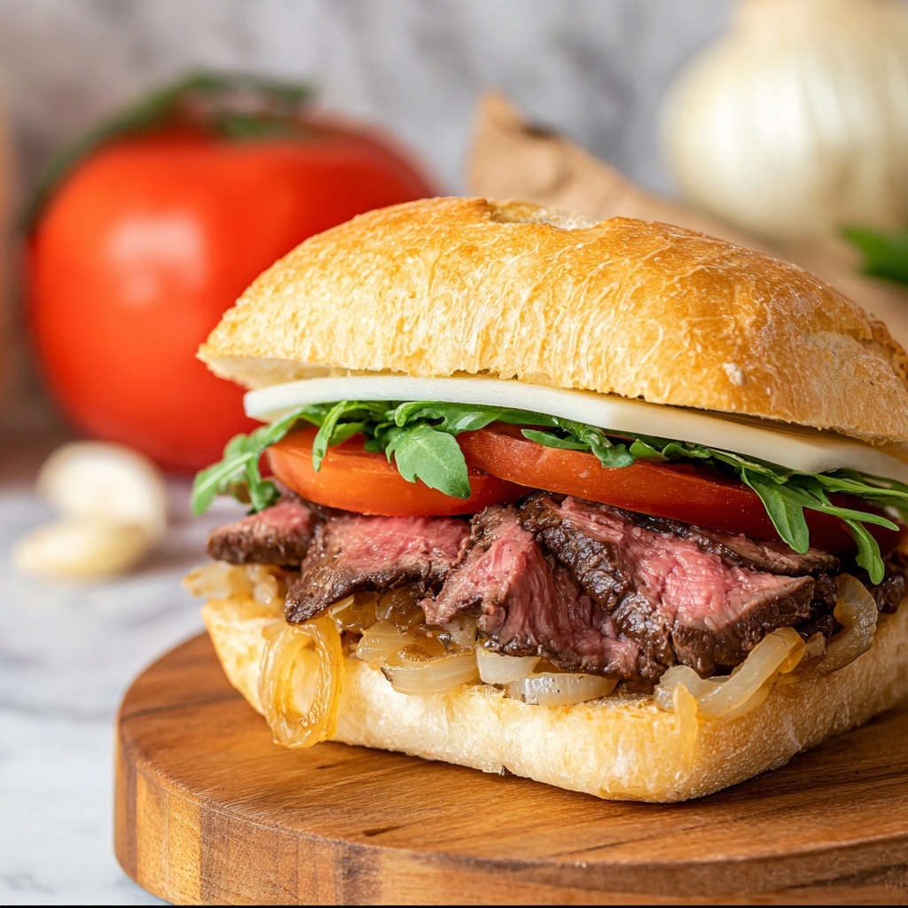 Steak Sandwich with Caramelized Onions, Arugula, and Provolone Recipe - Recipe Image