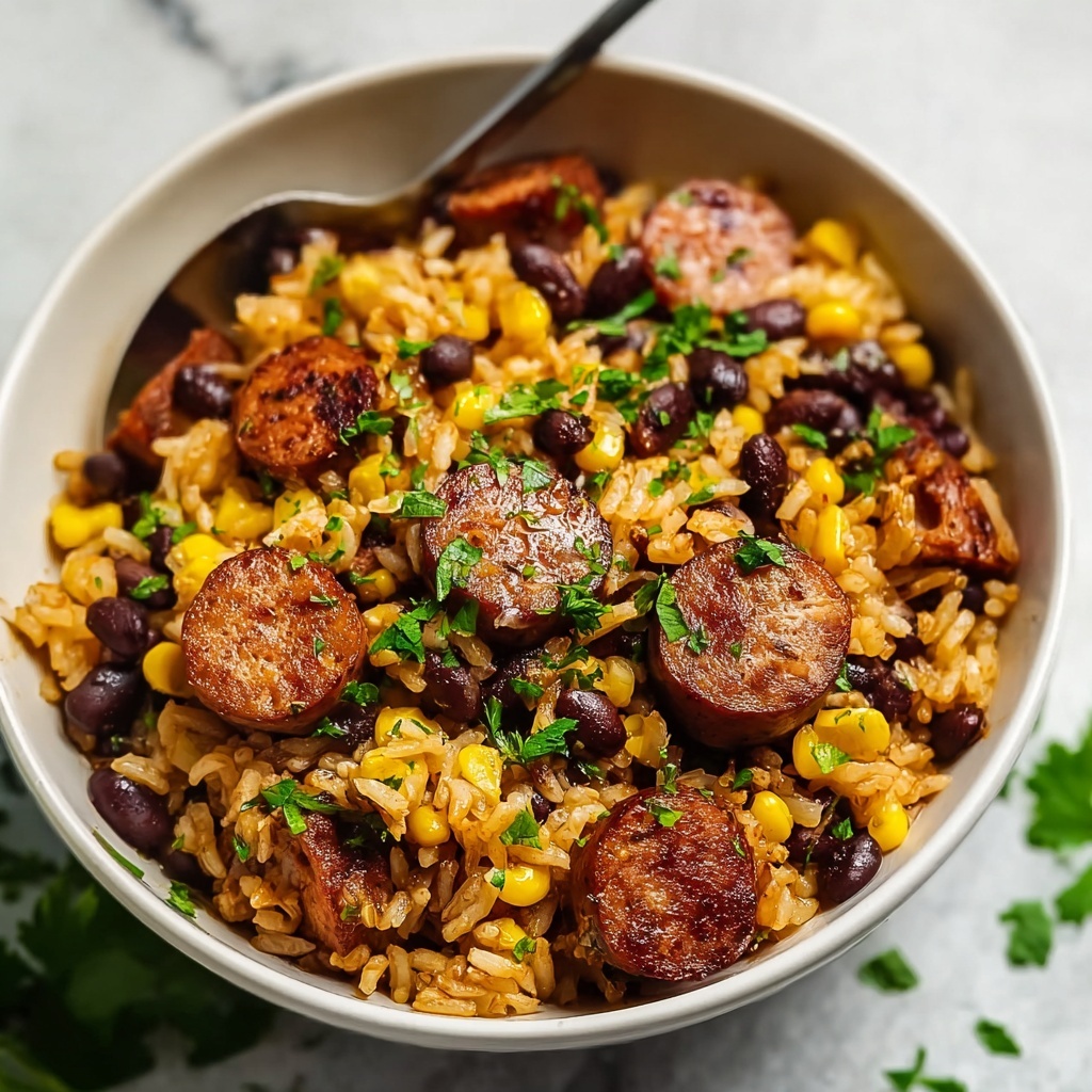 Quick and Hearty Black Beans, Sausage and Rice Skillet Recipe - Recipe Image