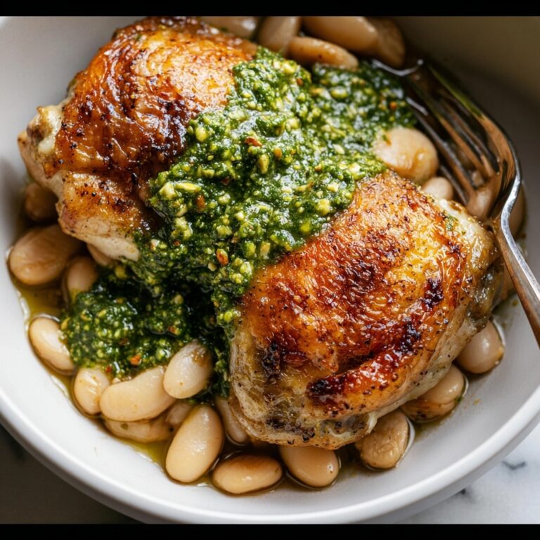 One-Pan Crispy Chicken with Cannellini Beans and Pistachio Pesto Recipe