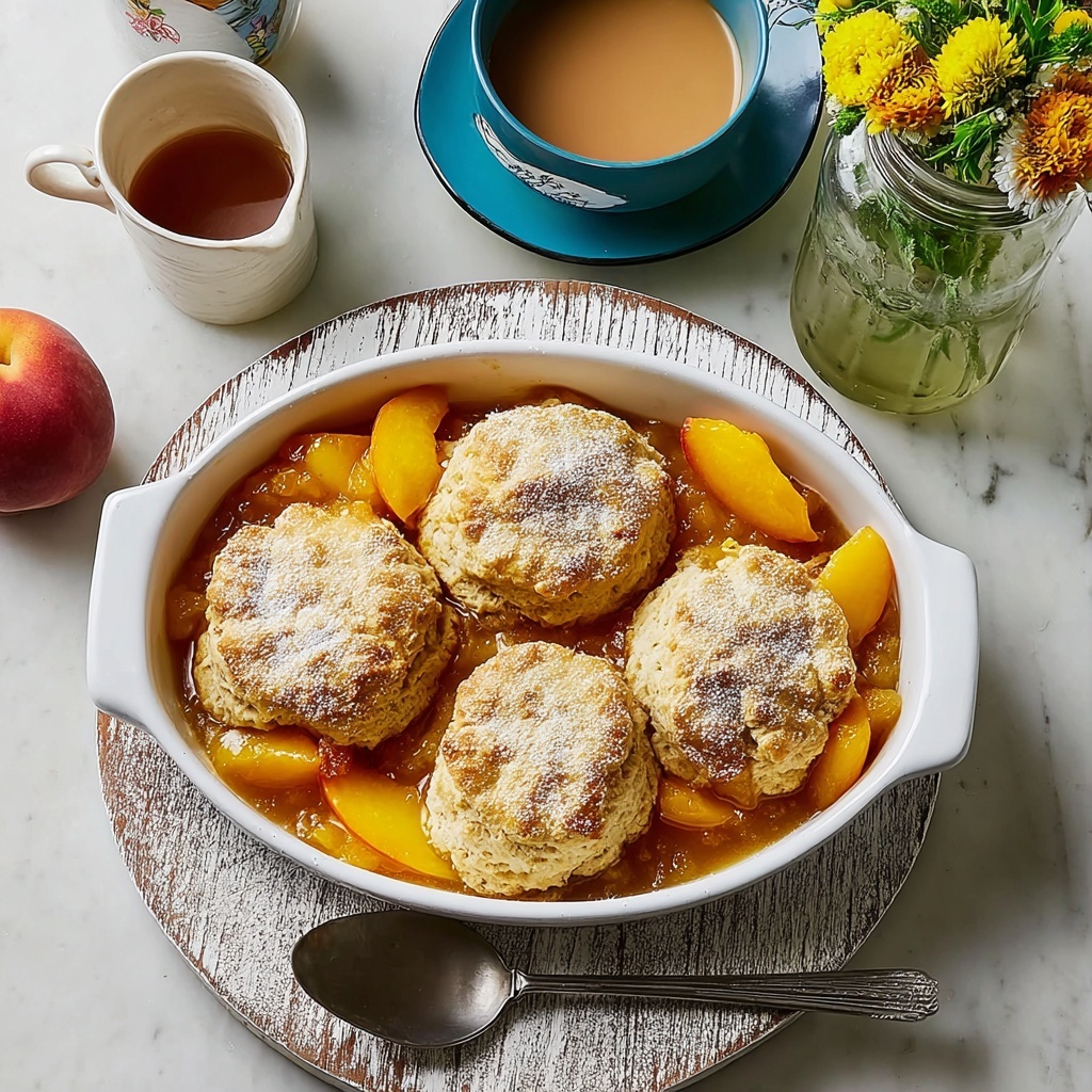 Brown Sugar Peach Cobbler with Buttermilk Biscuits and Caramel Drizzle Recipe - Recipe Image