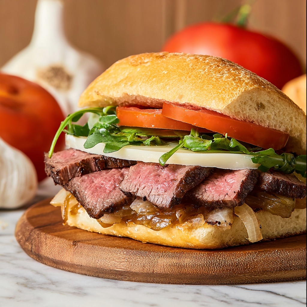 Steak Sandwich with Caramelized Onions, Arugula, and Provolone Recipe - Recipe Image