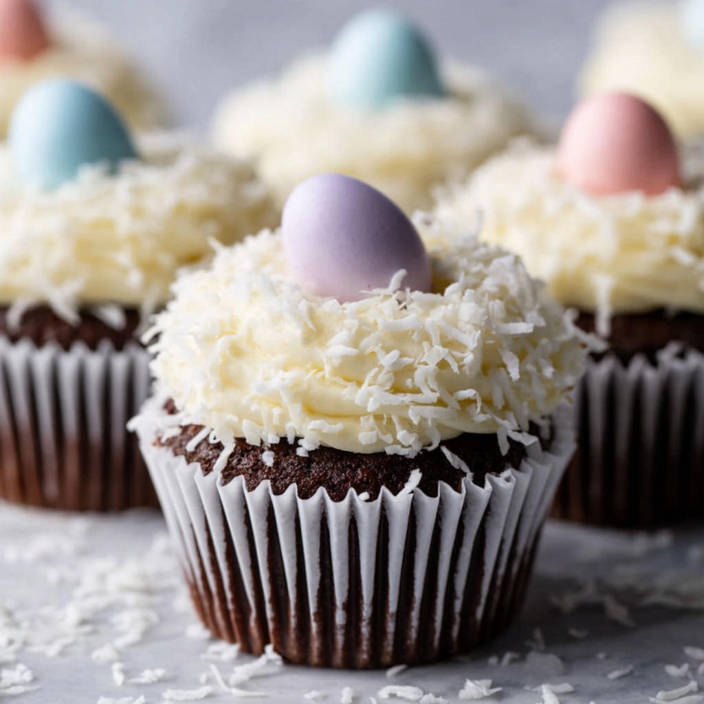 Chocolate Coconut Easter Cupcakes with Ganache Filling and Festive Decorations Recipe - Recipe Image