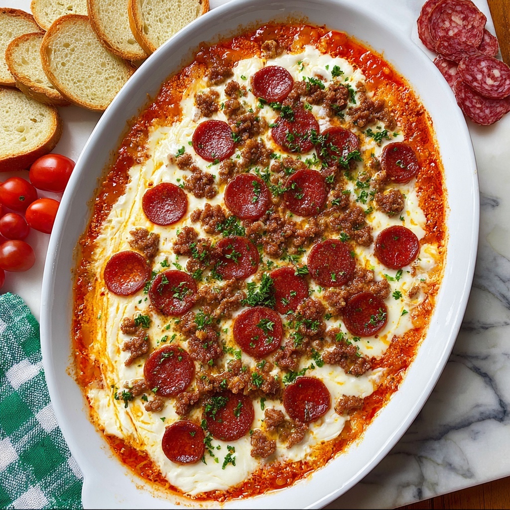 Hot Honey Pepperoni and Sausage Pizza Dip with Garlic Crostini Recipe - Recipe Image