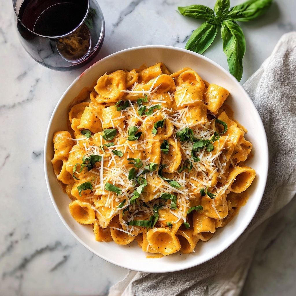 Tomato Garlic Pasta with Creamy Basil Sauce Recipe - Recipe Image