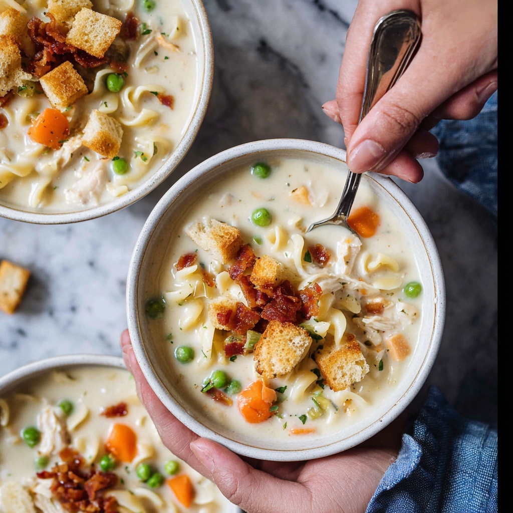 Creamy Chicken Noodle Soup with Crispy Bacon and Mini Croutons Recipe - Recipe Image