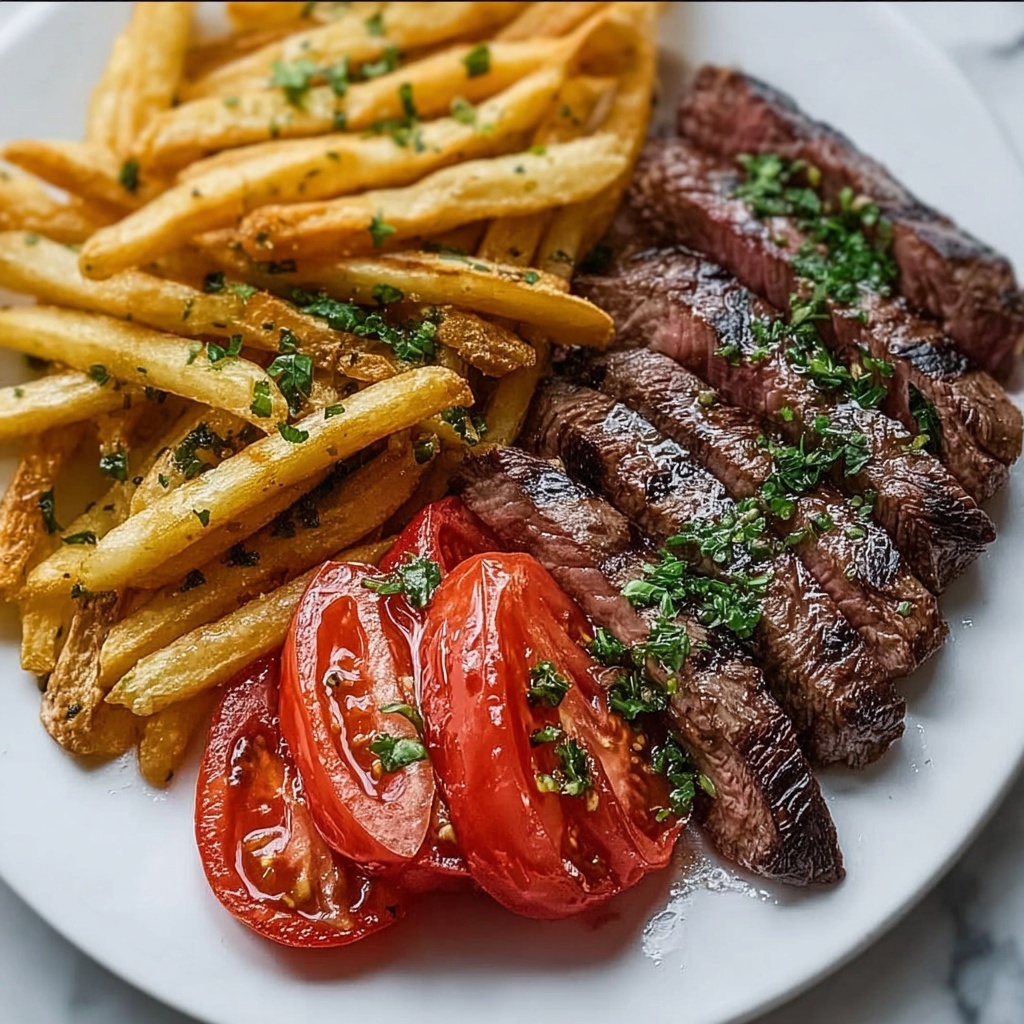 Grilled Steak with Tomato Salad and French Fries Recipe - Recipe Image