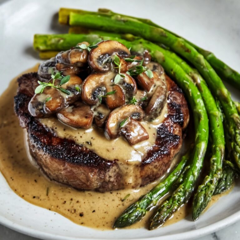 Steak with Creamy Mushroom Sauce & Asparagus Recipe